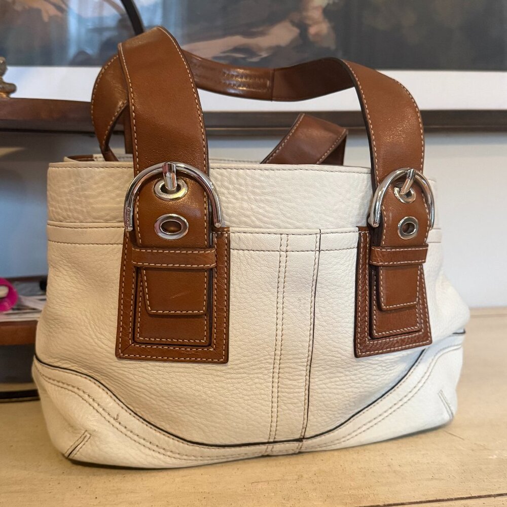 Coach Pebbled Leather Shoulder Bag | Ivory & Brown | Classic Buckle Detail